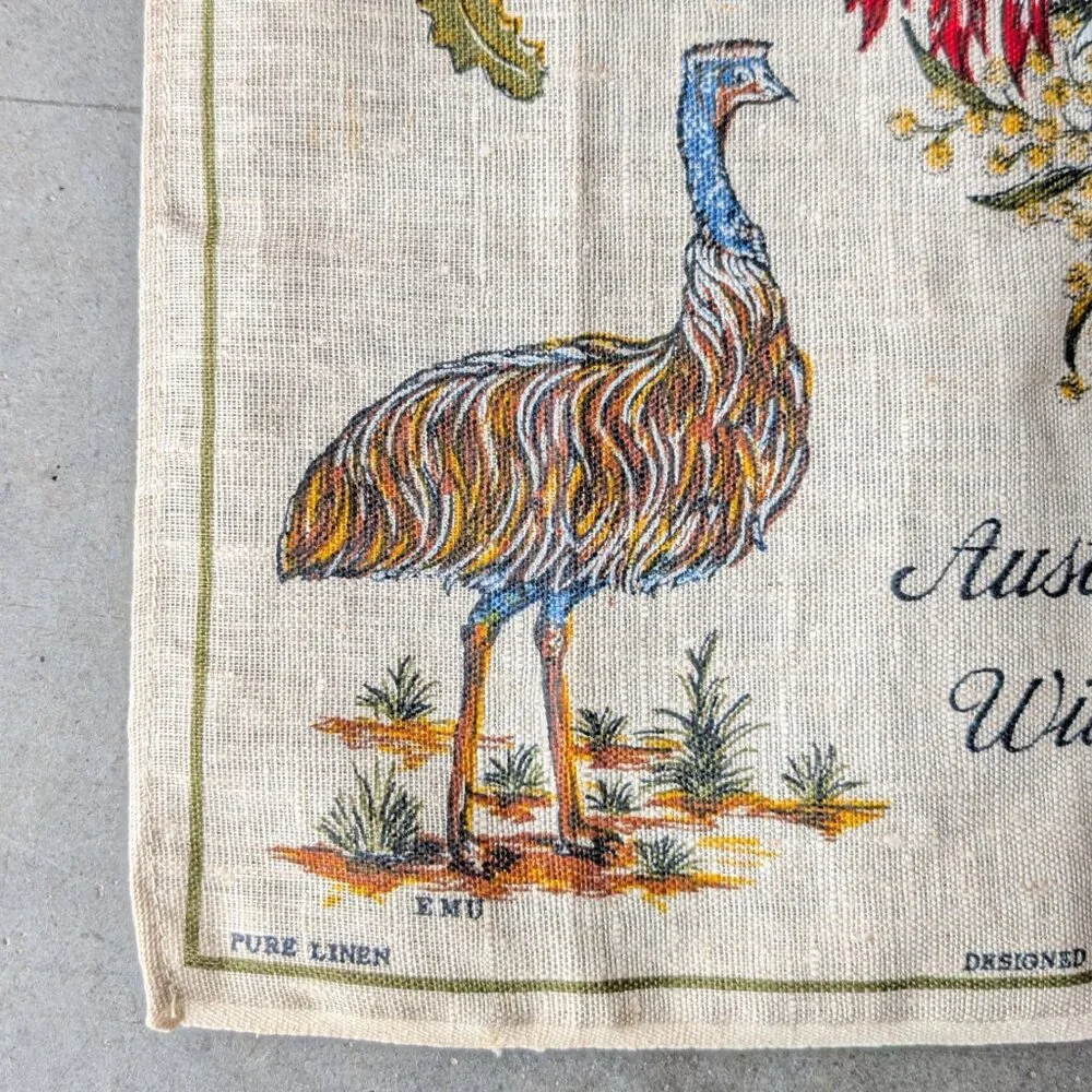 Vintage Pure Linen Souvenir Australian Wildlife Tea Towel